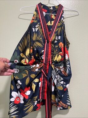 Floral Halter Tie-Front Blouse - Navy with Red & Yellow